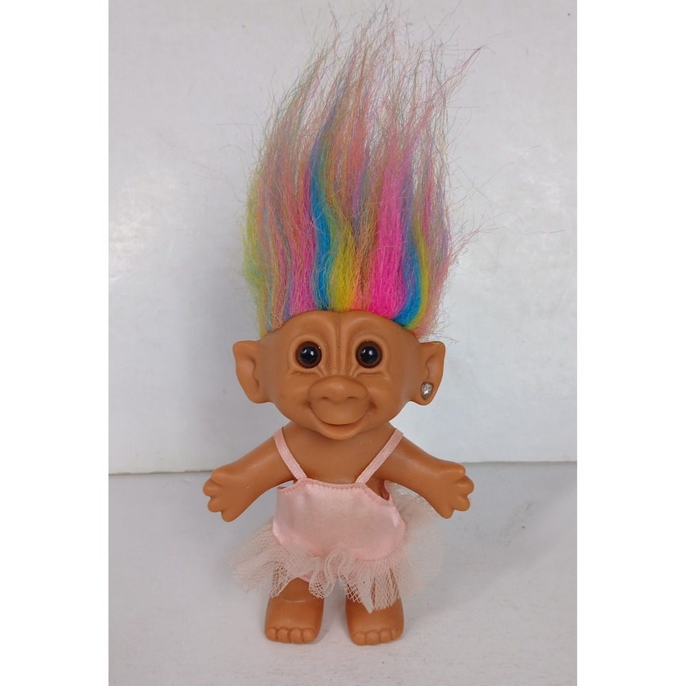 Vintage Troll Doll Bright Of America Rainbow Hair Pink Ballet Tutu Gem Earring
